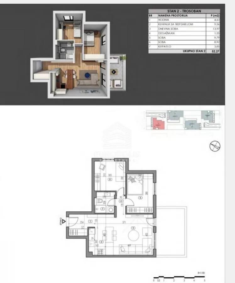 Trosoban stan, Bežanija, Novi Beograd - 52,3 m², prodaja (slika 1)