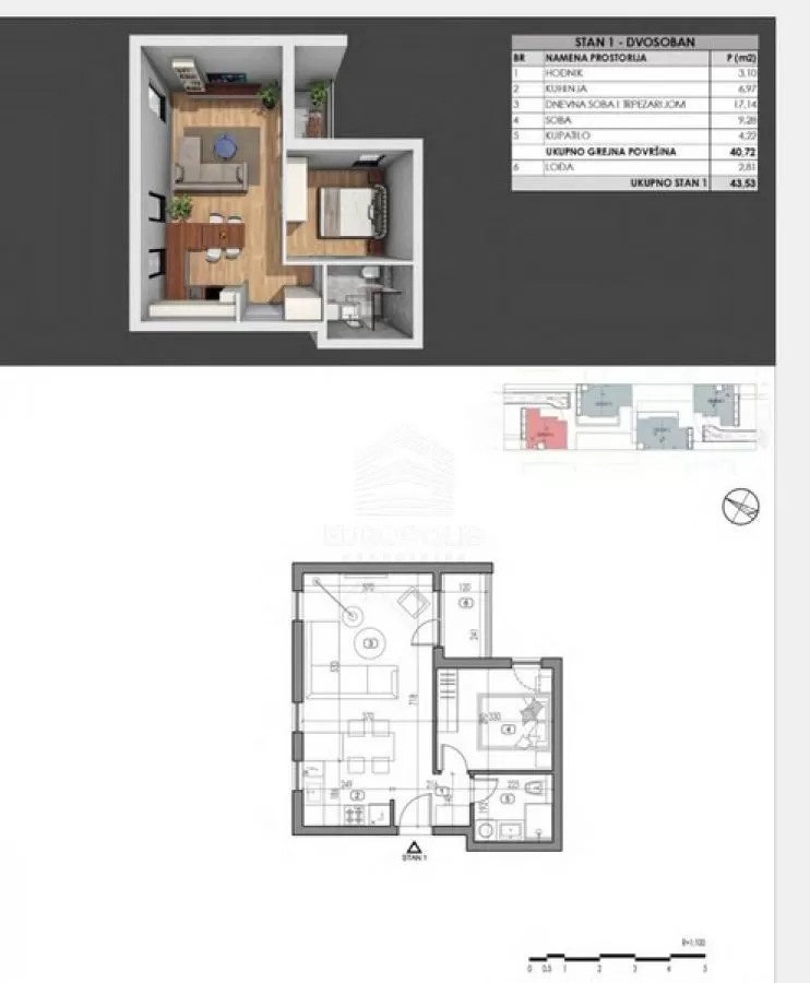 Dvosoban stan, Bežanija, Novi Beograd - 43,5 m², prodaja (slika 1)